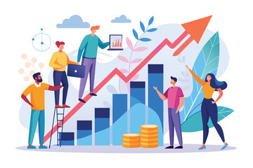 A group of people are examining a growth chart that shows upward progress, People analyzing growth chart