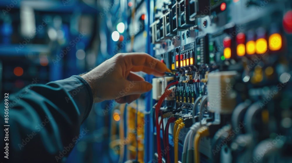 Poster A person presses a button on a control panel, likely in an industrial or technological setting