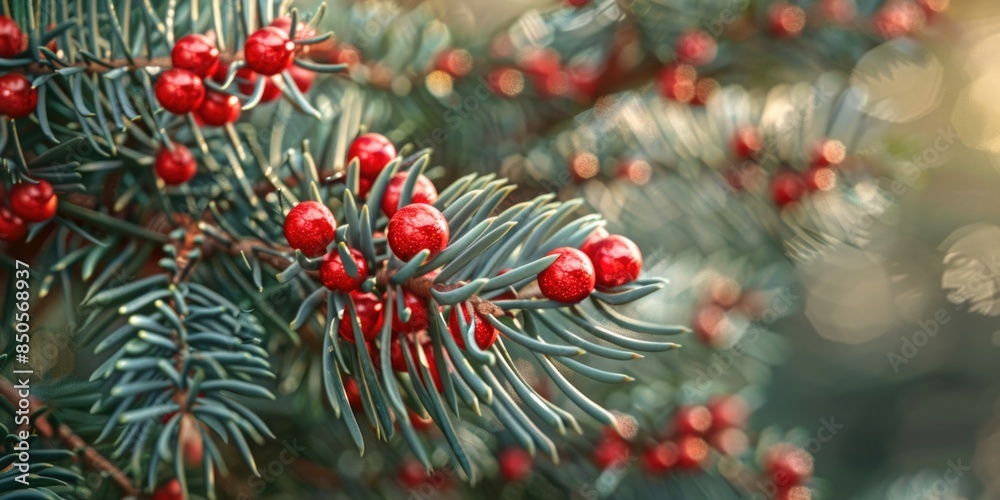 Poster a close-up shot of a pine tree branch covered in bright red berries