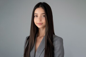 Obraz premium Professional Portrait of a Young Woman in Business Attire with Long Straight Hair on Neutral Gray Background - Ideal for Corporate and Business Use