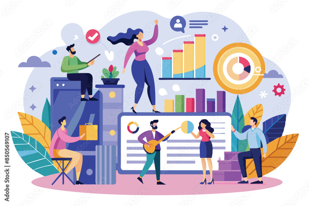 Poster flat illustration of a team analyzing performance data on a screen with colorful charts and graphs, 