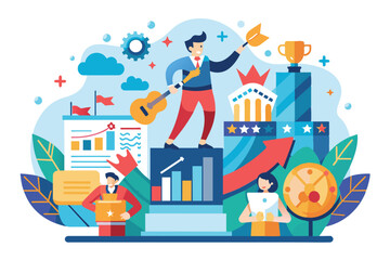Naklejka premium Illustration of people working together to achieve success and reach goals represented by a trophy, an arrow, and a guitar, Performance overview Customizable Flat Illustration