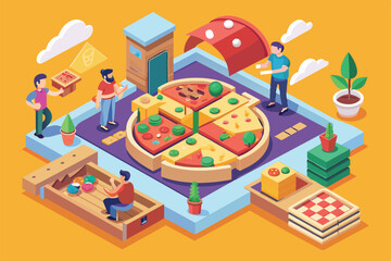 Isometric illustration depicting a customizable pizza sharing experience with friends, Pizza sharing Customizable Isometric Illustration