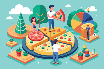 A semi-flat illustration of people sharing a large pizza with different toppings, Pizza sharing Customizable Semi Flat Illustration
