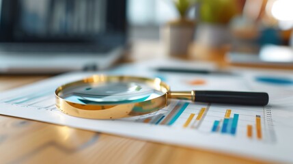 Magnifying Glass Focusing on Detailed Financial Report in Professional Office Setting. Concept of scrutiny and responsibility in financial matters
