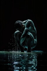 Naklejka premium A man kneels in the water, his head submerged