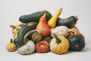 A colorful arrangement of squash and gourds on a white background, perfect for use in recipes or as a decorative element