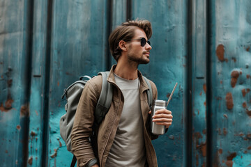 Obraz premium A man dons sunglasses and stands against a blue wall, outfitted with a backpack and a reusable water bottle, epitomizing eco-conscious urban living. ideal for promoting sustainable lifestyles.