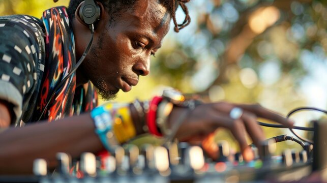 A beatboxer creating complex and energetic beats through the use of a solarpowered sound system showing that sustainable energy can also fuel creativity.