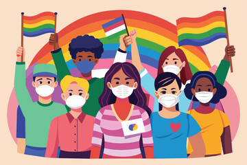 Illustration of diverse people wearing face masks while protesting at a pride event, Pride protest wearing face masks Customizable Semi Flat Illustration