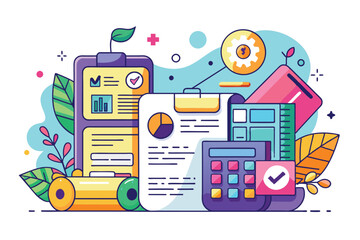 A colorful illustration featuring a document with a checkmark, calculator, and other business-related objects, Printing invoices Customizable Disproportionate Illustration