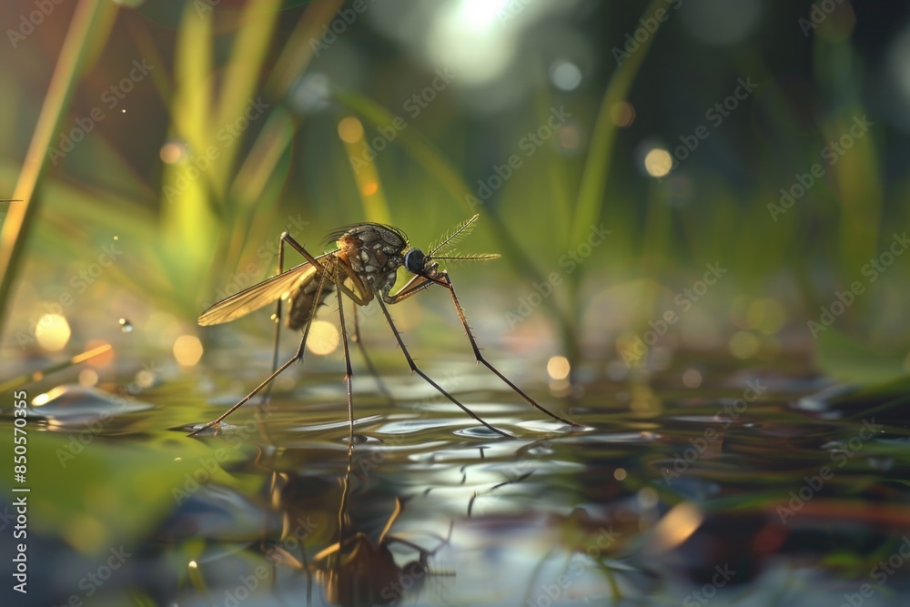 Poster A close-up photo of a mosquito hovering above the surface of calm water, its tiny features visible