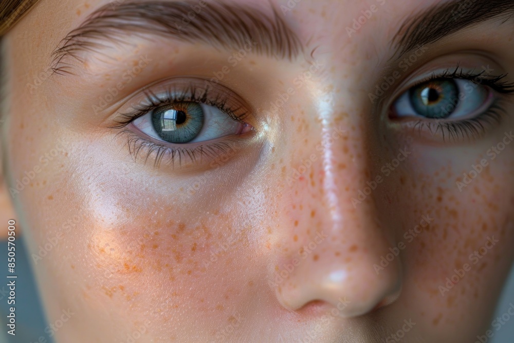 Poster Close-up portrait of a woman with distinctive freckles, suitable for personal or editorial use