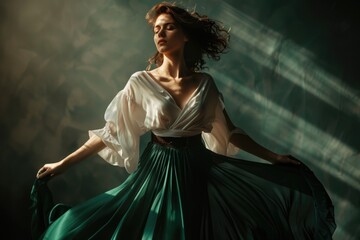 Fototapeta premium A woman wearing a green and white dress is the main subject of this image