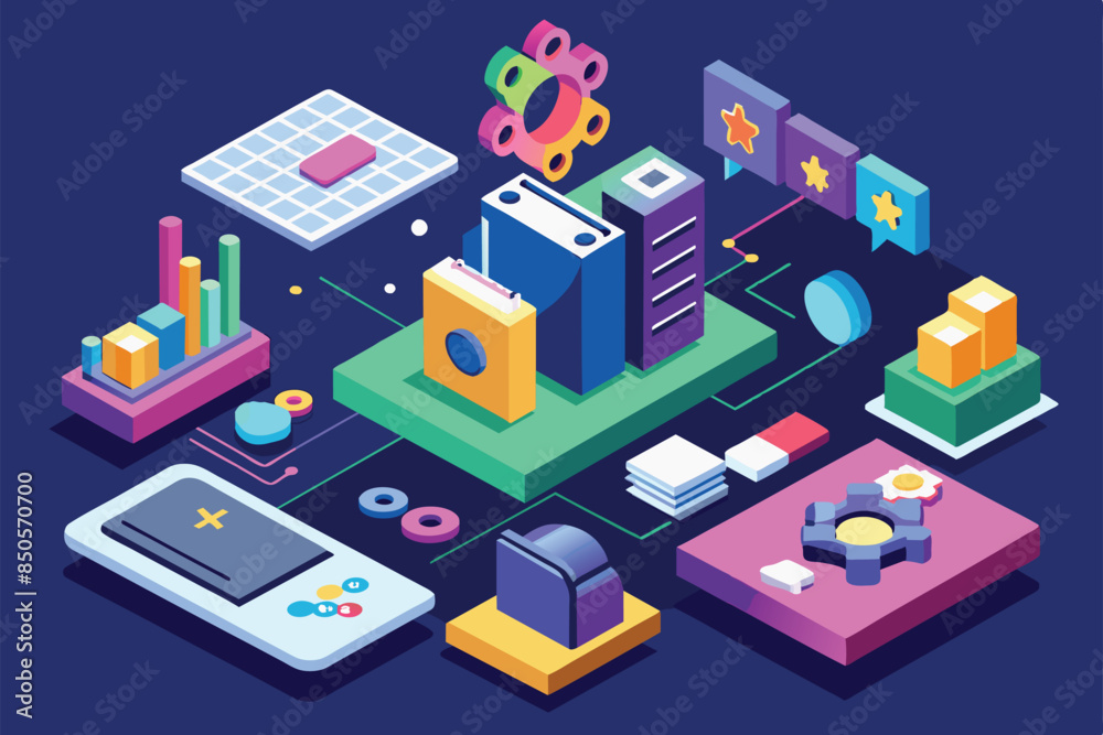 Poster isometric illustration depicting various aspects of a react development workflow, including code, da