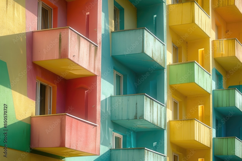 Poster a colorful residential building with ornate balconies, suitable for use in urban or architectural co