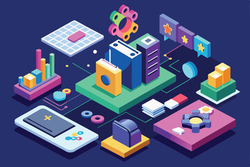 Obraz premium Isometric illustration depicting various aspects of a React development workflow, including code, data, and user feedback, React Customizable Isometric Illustration