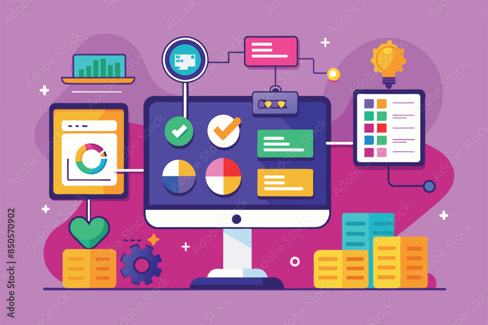 Poster illustrated computer screen with data visualizations, charts, and graphs, real-time sync customizabl