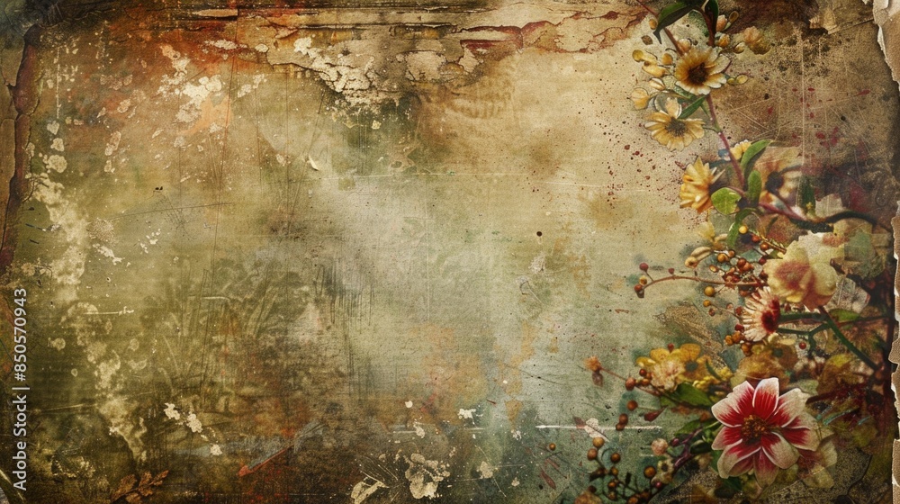 Poster a close-up shot of a grunge background with a variety of colorful flowers scattered across it, suita