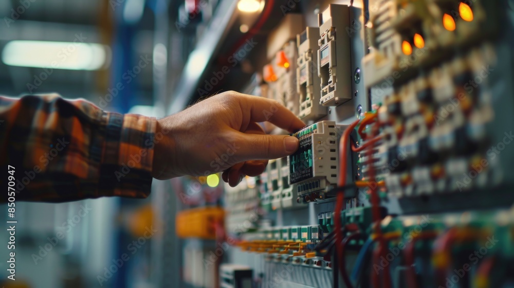 Poster A close-up shot of a hand pressing a button on a control panel, possibly in an industrial or technical setting