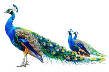 Fototapeta premium Two majestic peacocks pose side by side, showcasing their vibrant plumage and striking crests