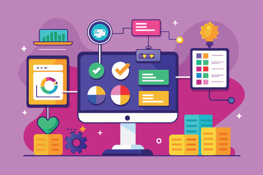 Illustrated computer screen with data visualizations, charts, and graphs, Real-time sync Customizable Disproportionate Illustration