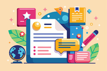 An illustration of a customizable recommendation letter template with a globe, pencil, and other educational elements, Recommendation letter Customizable Disproportionate Illustration