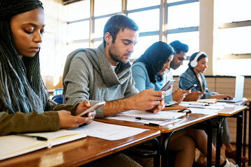 University, phone and students in classroom with internet, research or check online exam results....