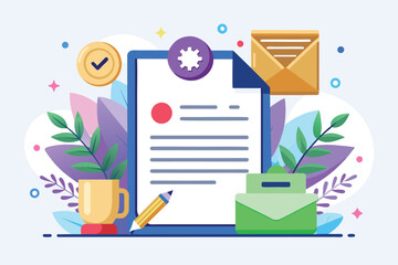 Flat illustration of a recommendation letter with a pencil, envelope, and a cup of coffee, Recommendation letter Customizable Flat Illustration