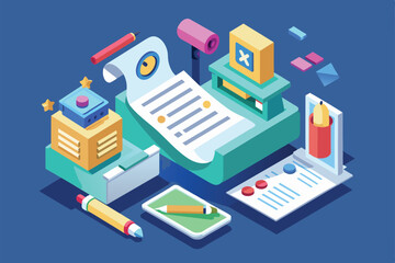 Obraz premium Isometric illustration showing a recommendation letter being created on a computer, Recommendation letter Customizable Isometric Illustration
