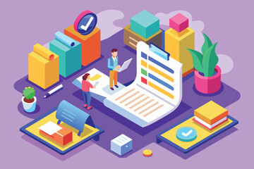 Isometric illustration of a customizable recommendation letter with two people working on it, Recommendation letter Customizable Isometric Illustration