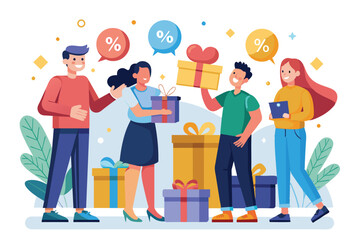 Four people are shown receiving gifts and bonus items after making purchases, Regular customers or clients receive purchase bonuses receive discounts and gifts