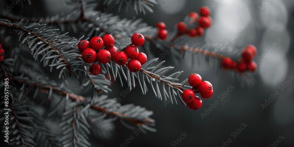 Poster close-up shot of red berries on a tree branch, ideal for use in nature and wildlife photography proj
