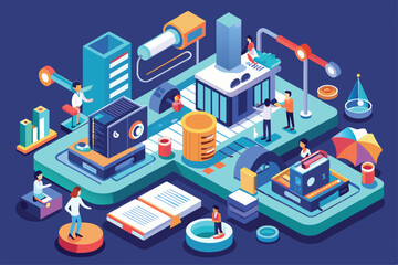 Obraz premium A colorful isometric illustration depicting a modern business center with various people working and interacting, Researching Customizable Isometric Illustration