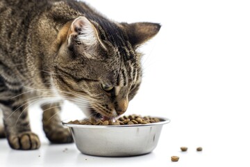 A domestic cat enjoying food from a metallic dish