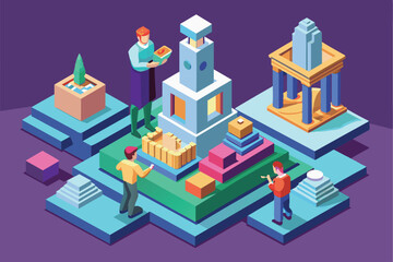 Fototapeta premium Three people are standing on a platform and constructing a large, complex sculpture, Sculpting Customizable Isometric Illustration