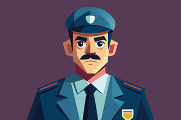 A digital illustration of a security guard with a stern expression, wearing a blue uniform and a cap, Security on Customizable Disproportionate Illustration
