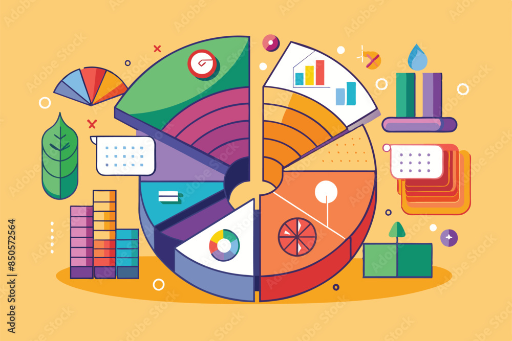 Poster a colorful and segmented pie chart with various data visualizations including bar charts, line chart