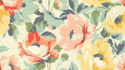 Vintage-inspired floral pattern with large blooms in pastel colors