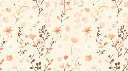 Whimsical hand-drawn flora in seamless pattern, pastel light pink, cream, and brown colors