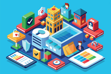 An illustration showing security measures in a city: surveillance, access control, and physical security, Security on Customizable Isometric Illustration