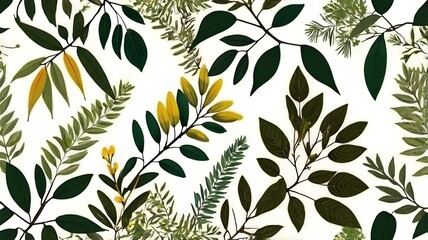 Fototapeta premium Floral leaves drawn with summer branches isolated white background. AI generated image.