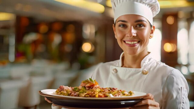 Culinary staff holding a platter of healthy food in a luxury hotel room.
