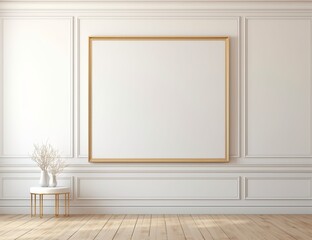 Minimalist interior design featuring a blank gold frame on a white wall with a decorative table and vases