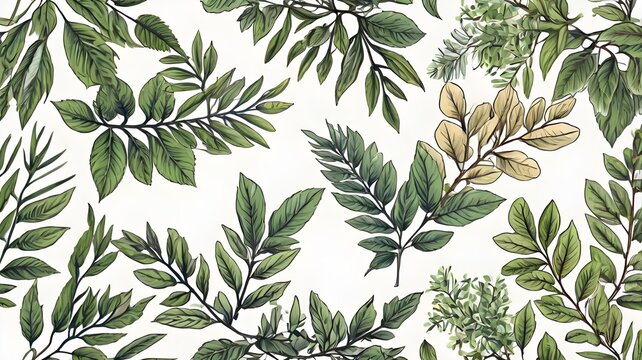 Floral leaves drawn with summer branches isolated white background. AI generated image.