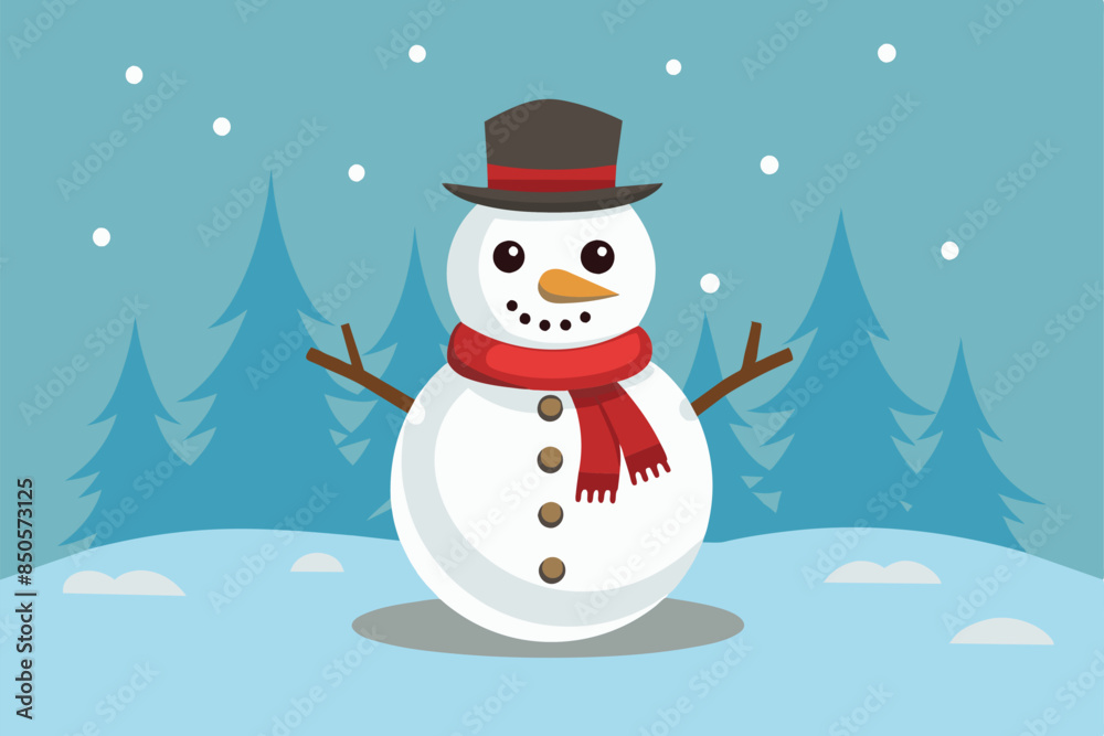 Sticker an illustrated snowman with a hat and scarf stands in a snowy forest, snowman customizable dispropor