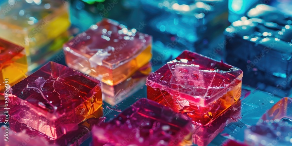 Poster a detailed view of a collection of ice cubes