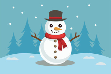 Obraz premium An illustrated snowman with a hat and scarf stands in a snowy forest, Snowman Customizable Disproportionate Illustration