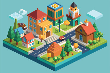 An isometric illustration of a small town featuring colorful houses, a clock tower, trees, and cars driving on roads, Small town Customizable Isometric Illustration