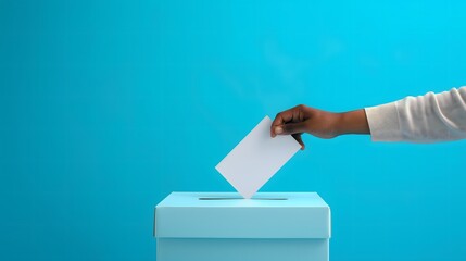 4. Capture the moment of democratic expression with an image of a hand placing a ballot paper into a ballot box against a vivid blue background, highlighting the empowerment of citizens as they